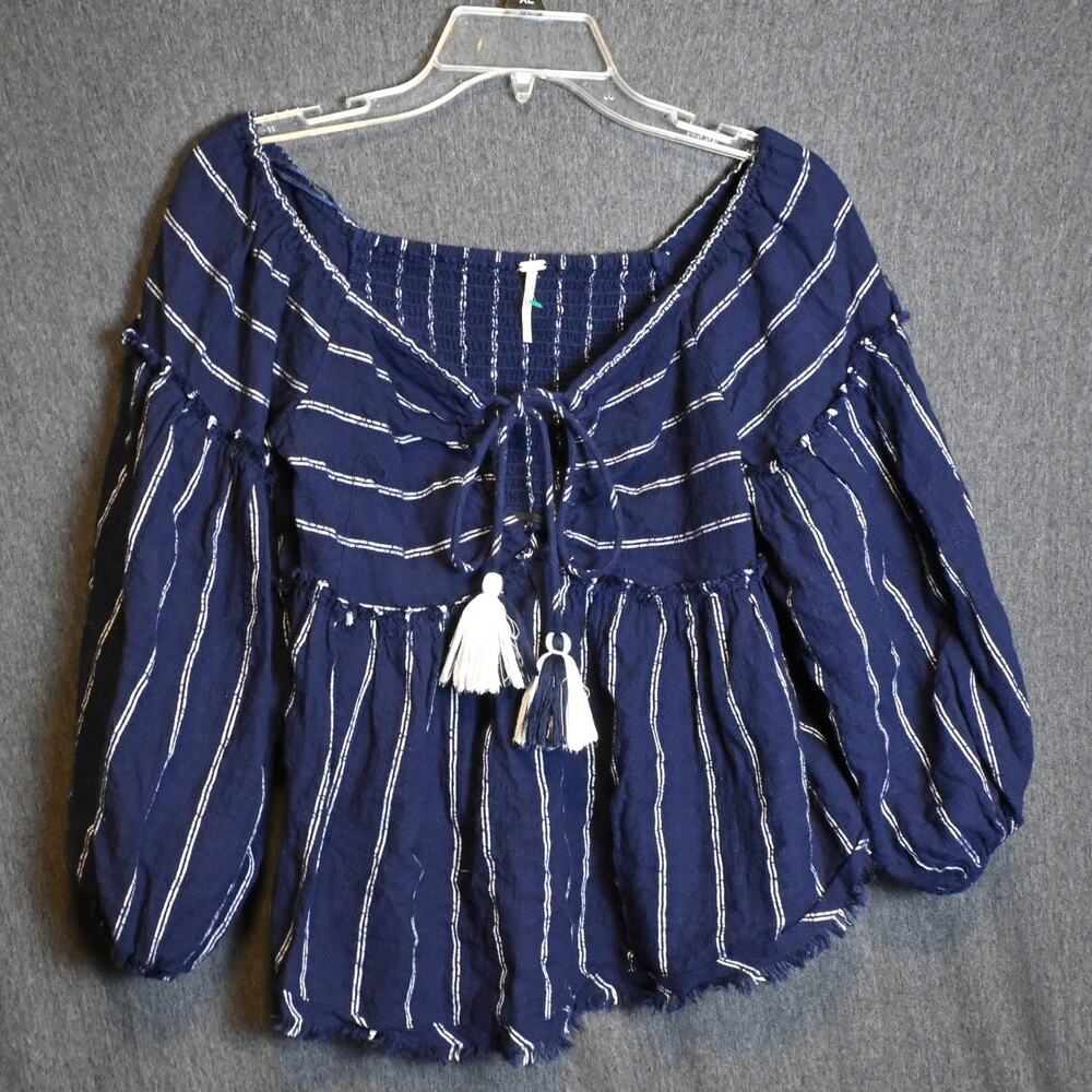 Free People Women's S Peasant Tassel Cropped Pinstripe Top Navy Blue Striped